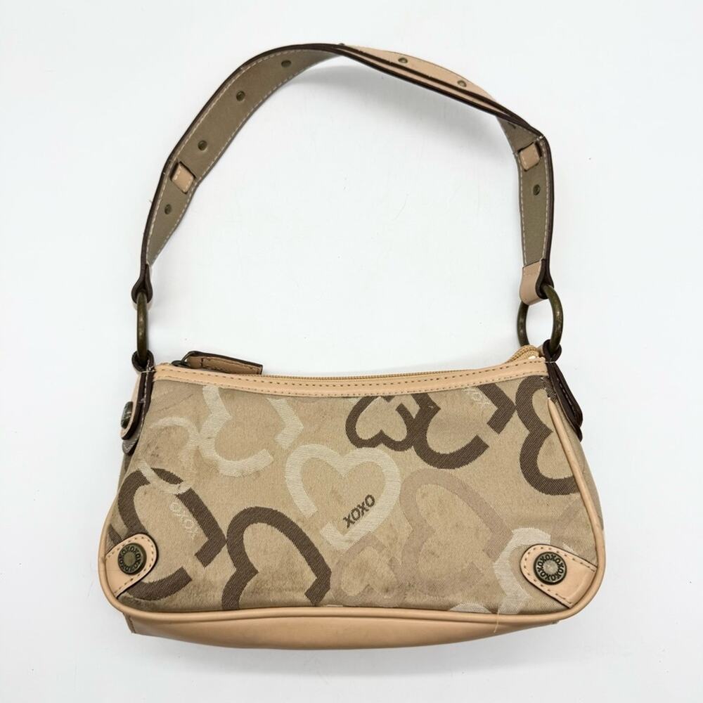 Vintage Y2K XOXO Hearts Canvas Baguette Shoulder Bag Tan Signature Girly Grunge